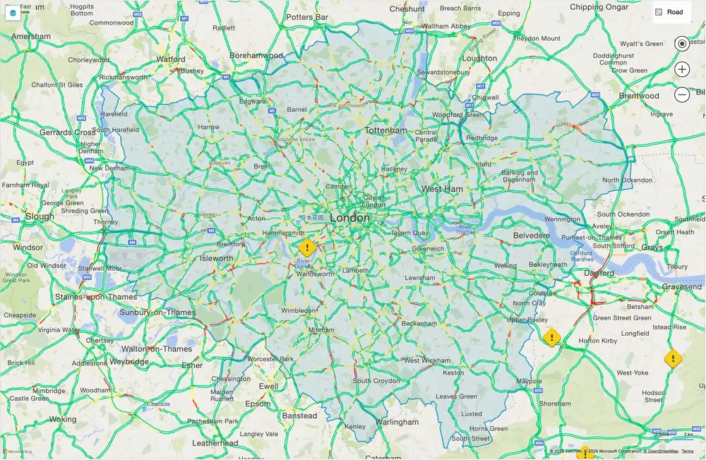 Diamond Trac360 map with London Direct Vision Standard zones shaded under live vehicle positions