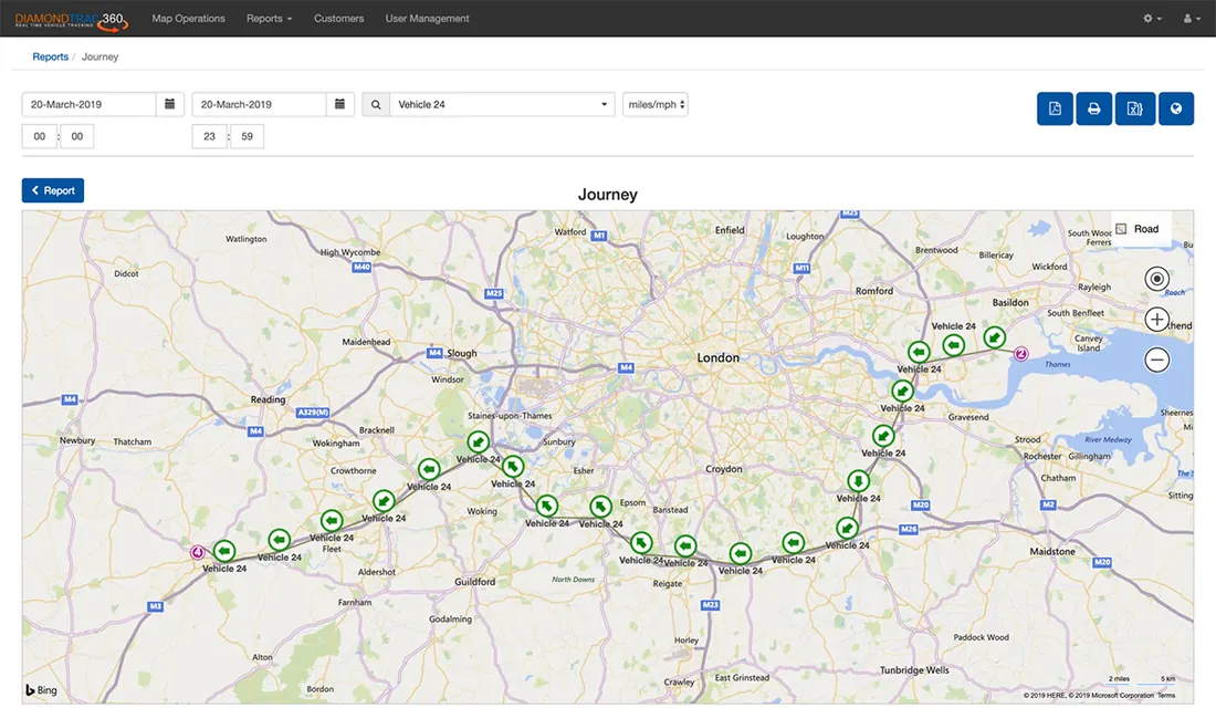 A recorded journey trail used to trace a vehicle's movements